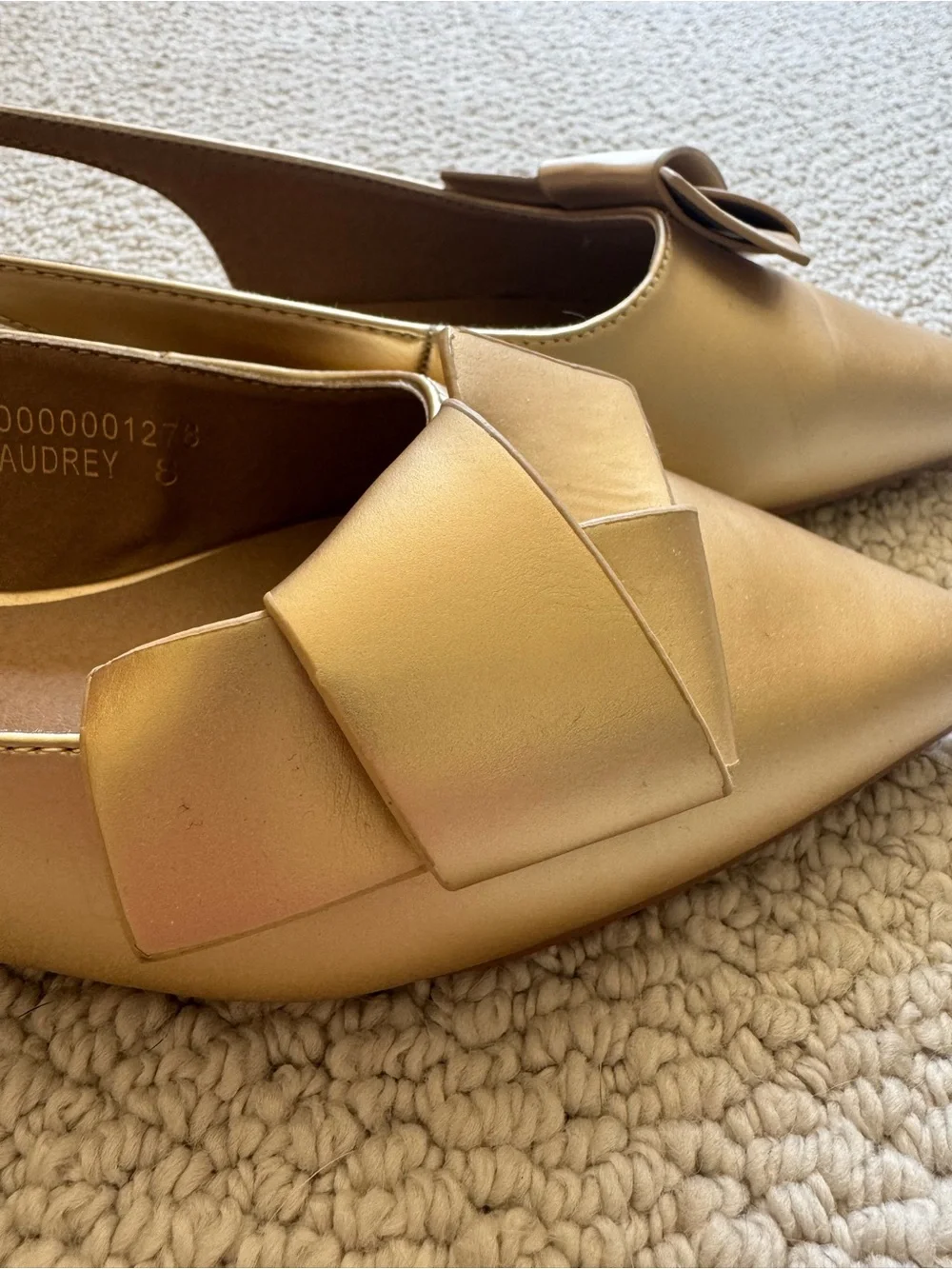 ShuShop Audrey Flats, Gold Pointed Toe Slingback Flats with Knot Accent